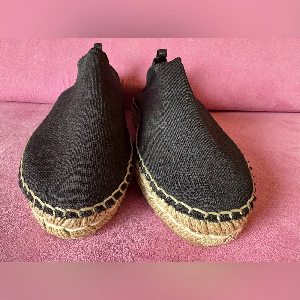 Prada Calzature Donna Black Knit Cotton Espadrille Shoes Slip On Jute Trim 37.5